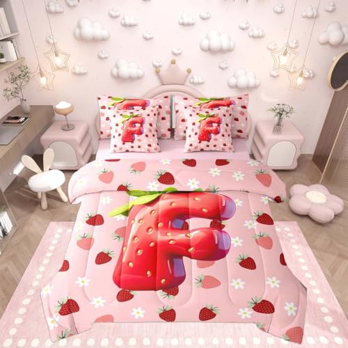 Image of Feelyou Girls Pink Red Strawberry Comforter Set with Sheets 7 Piece Twin Size Initial Letter F Bedding Set for Kids Boys Girls Princess Strawberry Bed in a Bag Room Decor Soft Lightweight Microfiber