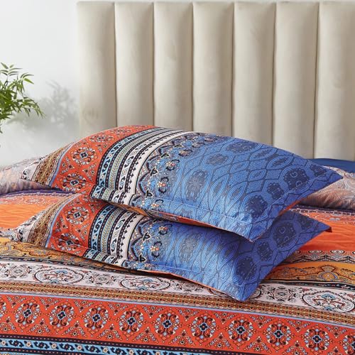 Image of Cottolester Boho Comforter Set Full Size 8 Piece Bed in a Bag Burnt Orange Paisley Fall Comforter and Sheet Set Bohemian Striped Bedding Set,Soft Microfiber Complete Bedding Set