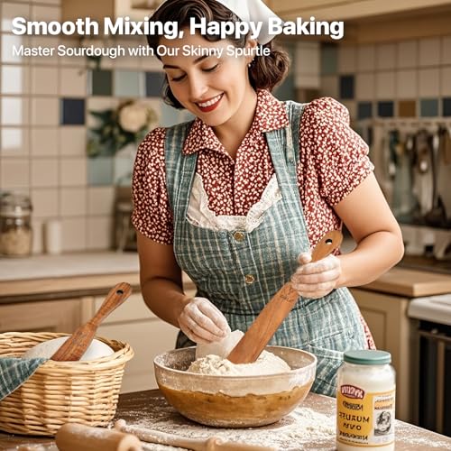 【2 PCS 11 inch】Skinny Spurtle for Sourdough Starter, Sour Dough Stirring Stick, Scraping Spatula, Premium Hardwood Non-Stick Cookware Tool for Mixing, Jar Scraping, Baking, Wooden Sourdough Stirrer.