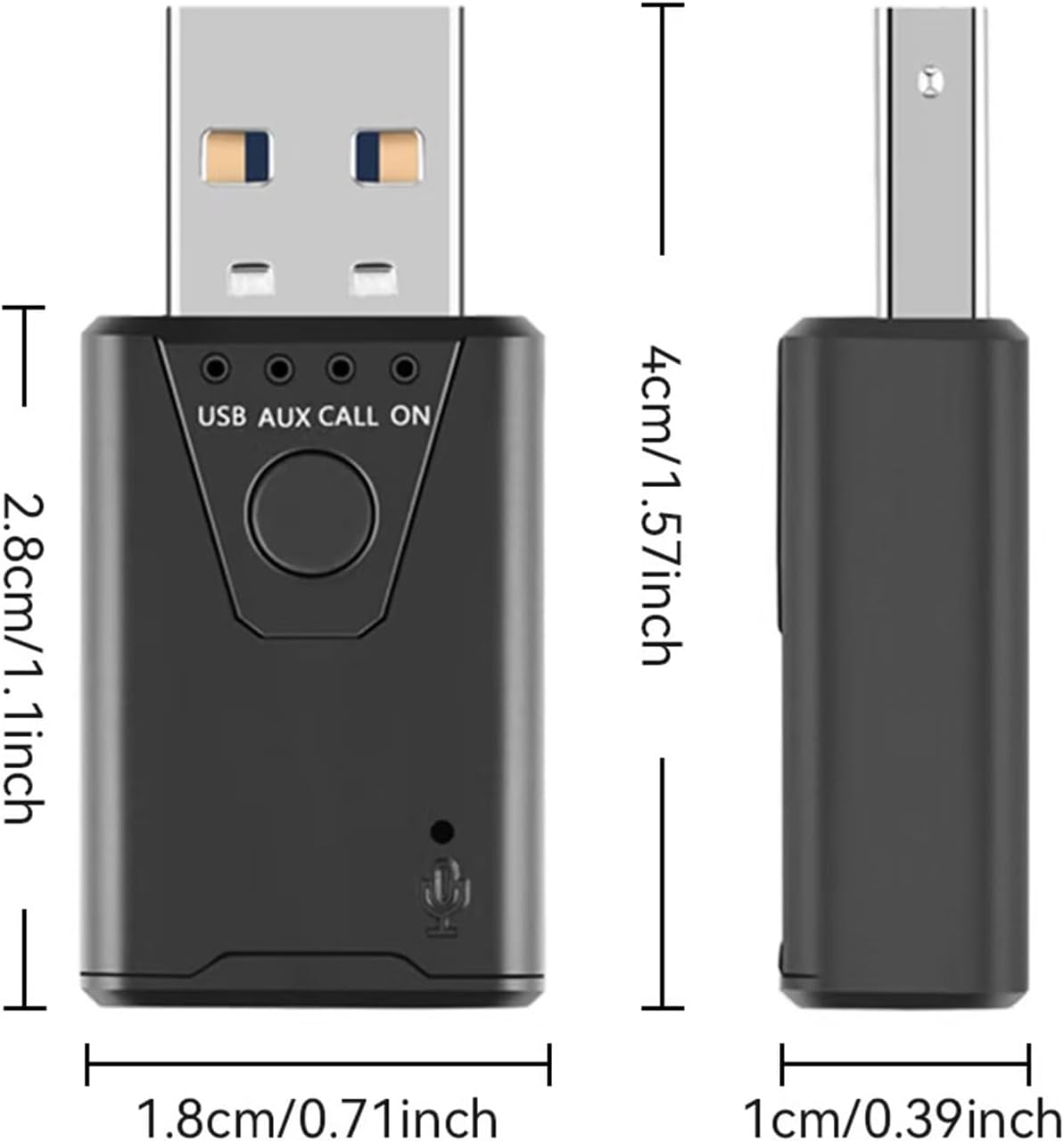 Diagram showing the dimensions of the Bysimilai USB Bluetooth adapter in centimeters and inches.