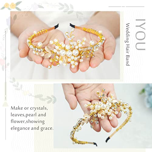 IYOU Flower Girl Headband Pearl Gold Headpiece Crystal Leaf Bridal Wedding Hair Pieces Accessories for Brides and Bridesmaids - Image 3