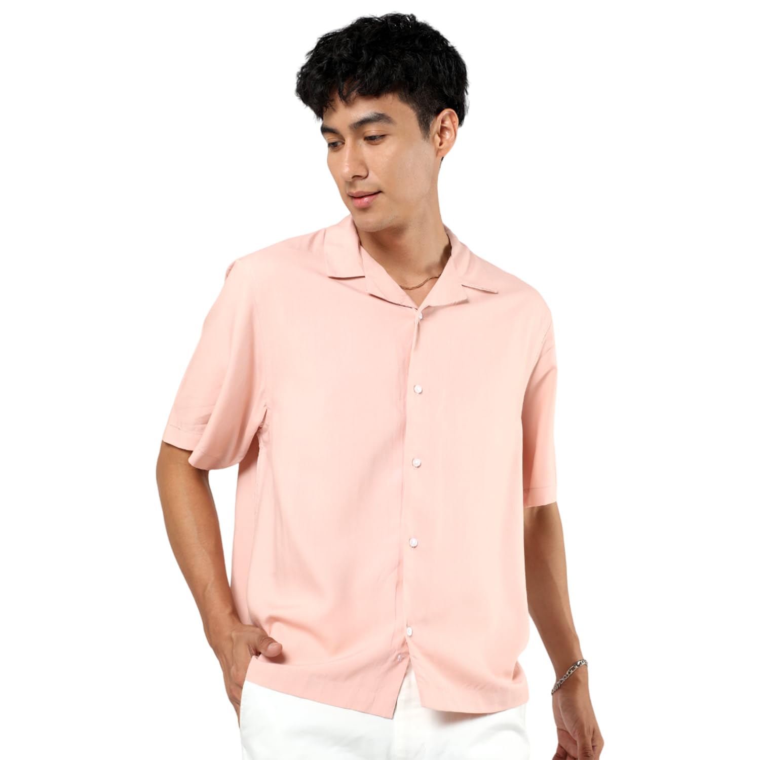 BADMAASH Men's Slim Fit Sencillo Casual Peach Shirt with Half Sleeves