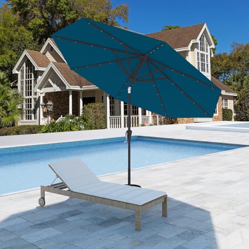 Image of 9FT Patio Umbrella with Solar Lights,Outdoor Market Umbrella with Tilt and Crank, LED Lighted Table Umbrella for Garden,Deck,Backyard,Pool,Beach (Lake Blue)