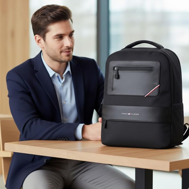Image of Tommy Hilfiger Unisex Backpack Blackburn - Granite Grey+Black | Water-Resistant | Padded Laptop Sleeve | Trolley Holder | Stylish & Trendy Backpack For Daily Use, Office, Work & Travel | 20L Capacity