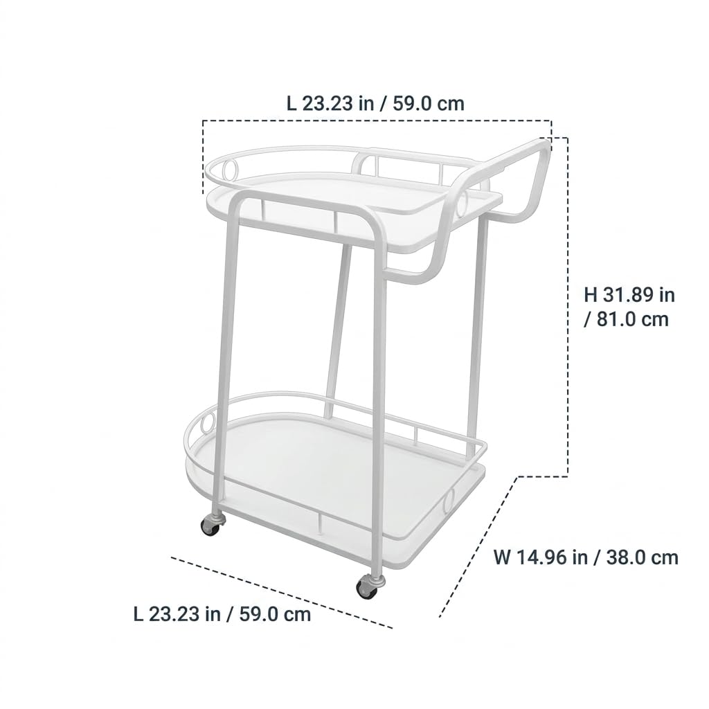Carrello con Ruote in Metallo, Carrello Ristorante e Salone, Carrello Multiuso per Casa e Hotel, Design Artistico, Bianco, Carrello a 2 ripiani grande