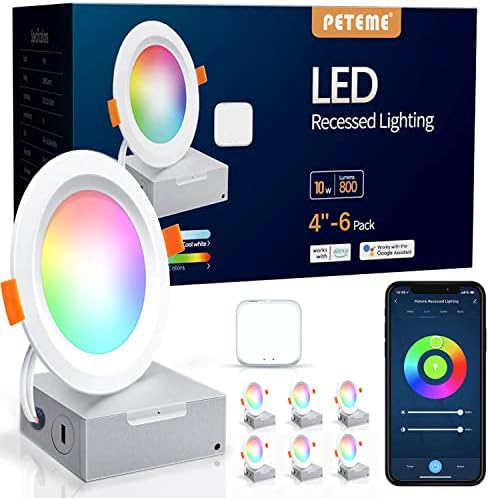 LED Smart Recessed Lighting 4 Inch Recessed Light IC Rated ETL Certified, Peteme Canless Ceiling Light RGBCW Color Changing Outdoor Soffit Downlight with J-Box Work with Alexa/Google, 10W 800LM 6Pcs