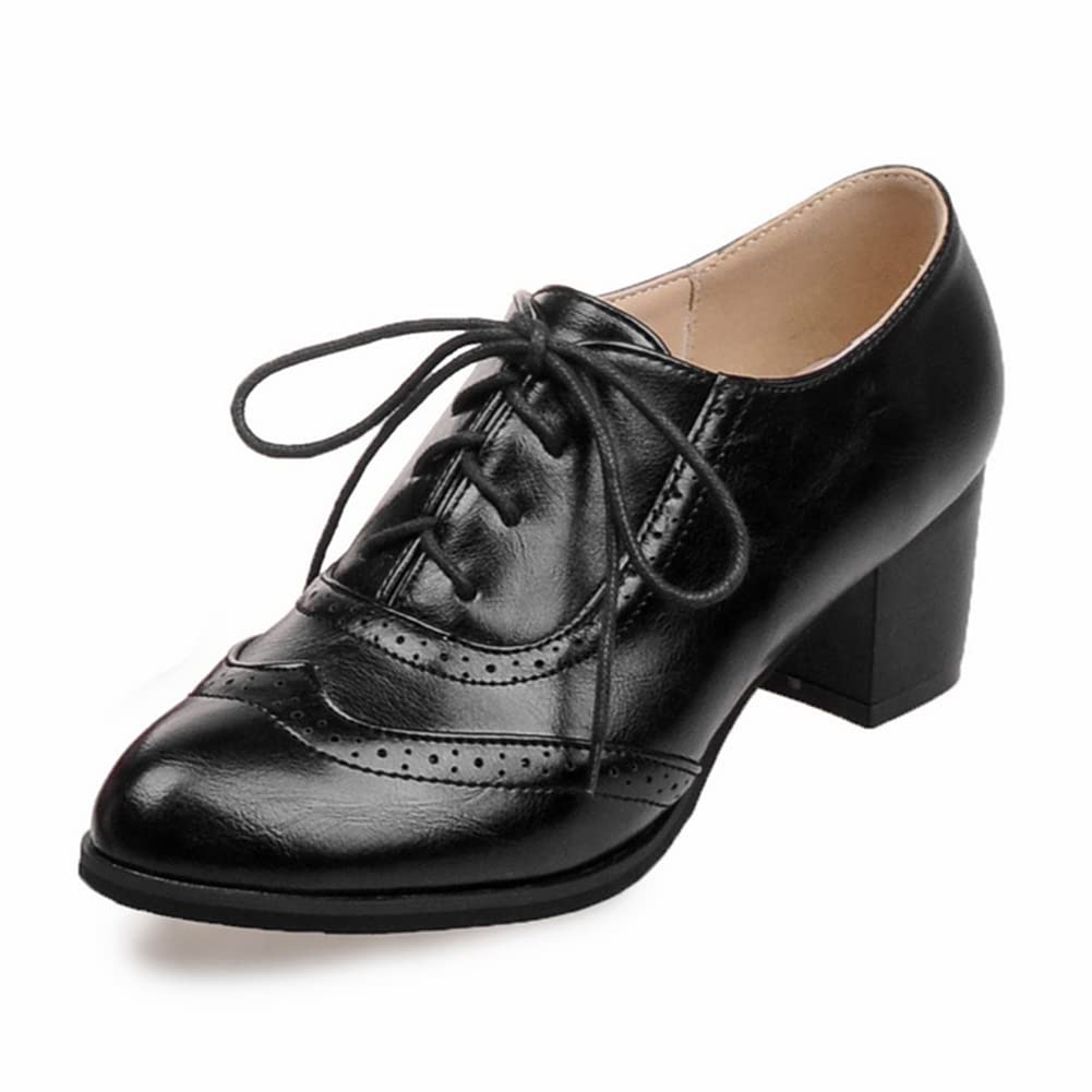 mikarka Vintage Oxford Shoes for Women Chunky Block Mid Heel Brogues Pumps Lace up Perforated Dress Shoes Saddle Oxfords