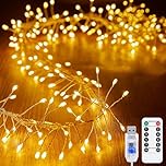 KINGCOO Cluster Fairy Lights with Remote, Waterproof 200LED Silver Wire Firecracker String Lights USB Powered for Outdoor Indoor Bedroom Window Wedding Christmas Party Decoration(19.6FT Warm White)