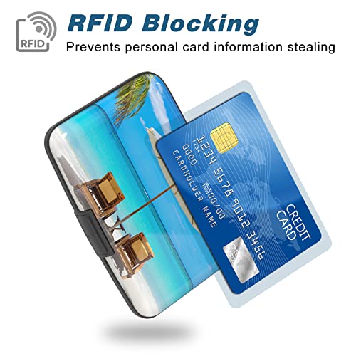Image of Credit Card Holder, Mini Aluminum Card Wallet RFID Blocking Slim Metal Hard Card Case for Women Men, Sea