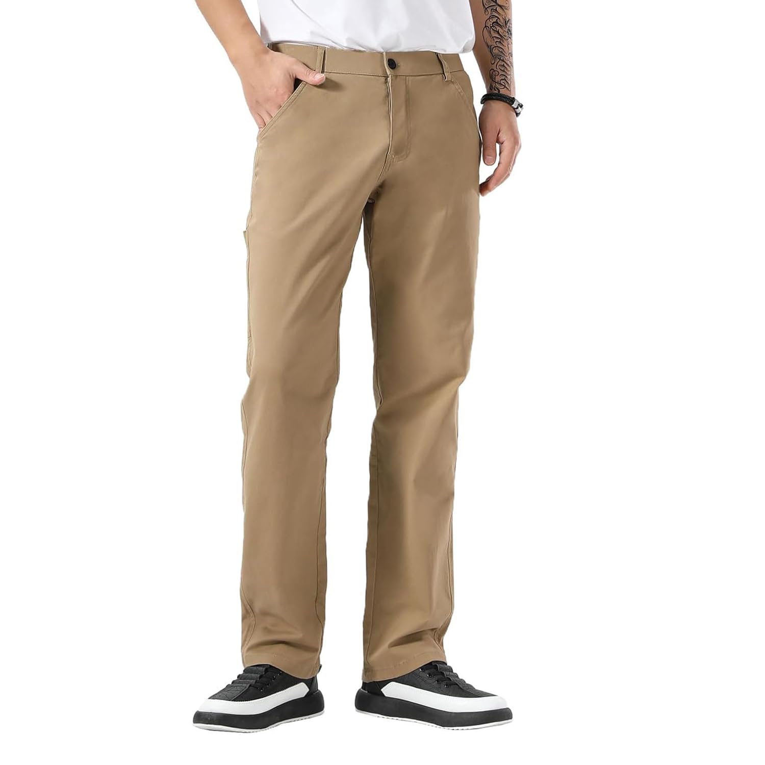 Plaid&Plain Stretchy Straight Fit Khaki