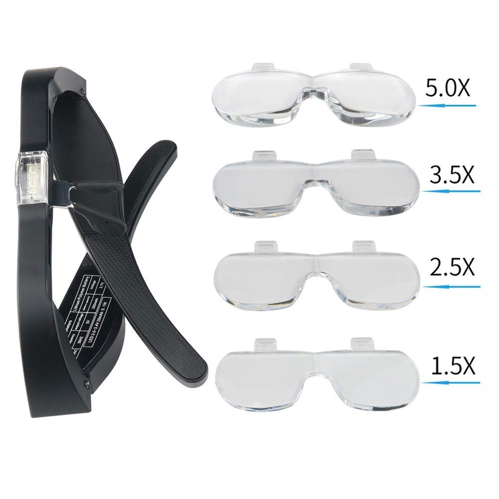 Loupe Frontale Lumineuse Avec Visière Intégrée - Zoom 1,5X À 5X Et 4 Lentilles Détachables - Lunettes Loupe Frontales Pour La Lecture, La Bijouterie, La Réparation De Montres Et D'Appareils Électroni