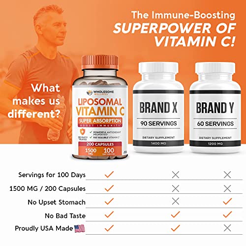 Wholesome Wellness VITAMIN-C-LIPOSOMAL Vitamin C Capsules (200 Pills 1500Mg Buffered) High Absorption Vit C, Immune System & Collagen Booster, High Dose Fat Soluble Immunity Support Ascorbic Acid Supplement thumb #6