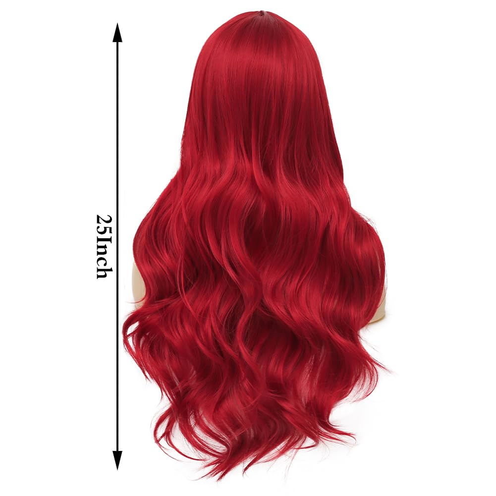 Tseses Womens Red Curly Wig Long Wavy Middle Part Synthetic Wigs for Halloween Cosplay Wig