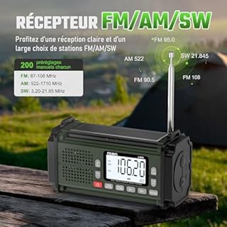 Radio Portable, PRUNUS J-924 Solaire Dynamo 10000mAh, Radio Survie avec Piles et Manivelle, Panneau Solaire, Réveil, Chargeur USB-C, Lampe de Poche et Lecture, Alarme SOS d'urgence