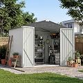 Devoko 8 x 6 FT Storage Sheds with Floor Frame, Waterproof Garden Tool Shed with Lockable Door, Outdoor Metal Utility Shed for Backyard Patio Lawn, White