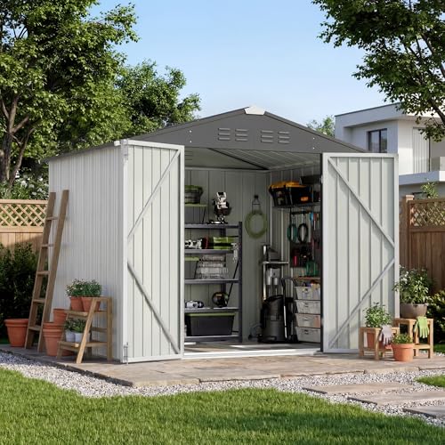 Image of Devoko 8 x 6 FT Storage Sheds with Floor Frame, Waterproof Garden Tool Shed with Lockable Door, Outdoor Metal Utility Shed for Backyard Patio Lawn, White