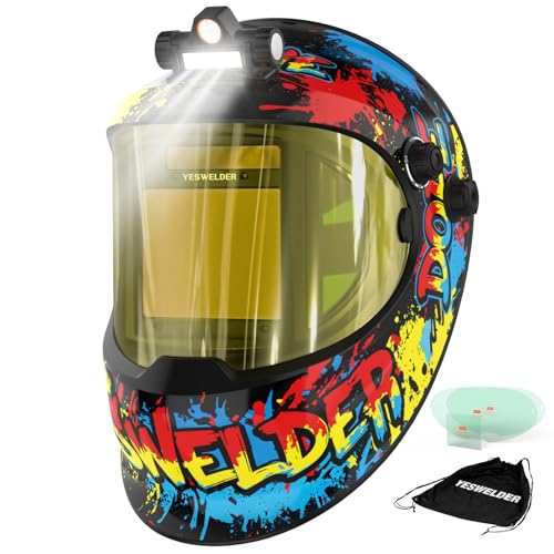 YESWELDER Auto Darkening Welding Helmet with SIDE VIEW and LED, 180° Panoramic View, 1/1/1/1 True Color Solar Powered Welder Hood, Wide Shade 3/5-9/9-13 Welder Mask for TIG MIG ARC CUT and G