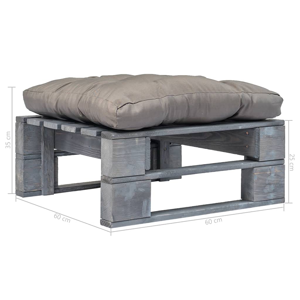 Otomana outdoorowa pufa na palety z poduszkami w kolorze szarym, z impregnowanego ciśnieniowo drewna sosnowego, 60 x 60 x 35 cm, odporna na warunki atmosferyczne, do ogrodu, na balkon, taras