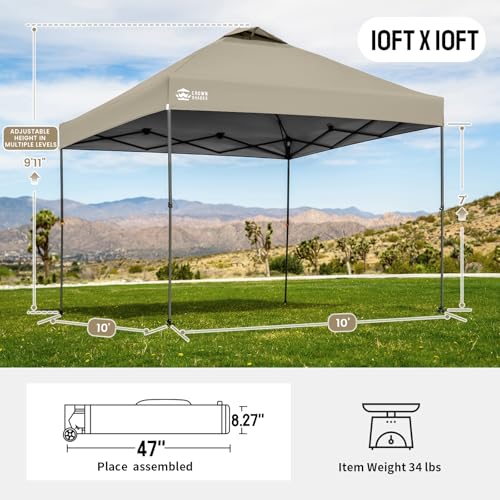 Image of CROWN SHADES Adjustable Height on The Fly, 10x10 Pop Up Canopy - Beach Tent with One Push Setup - Easy Outdoor Sun Shade for Events, Parties, Camping - Outside Shade with STO-N-Go Bag, Khaki