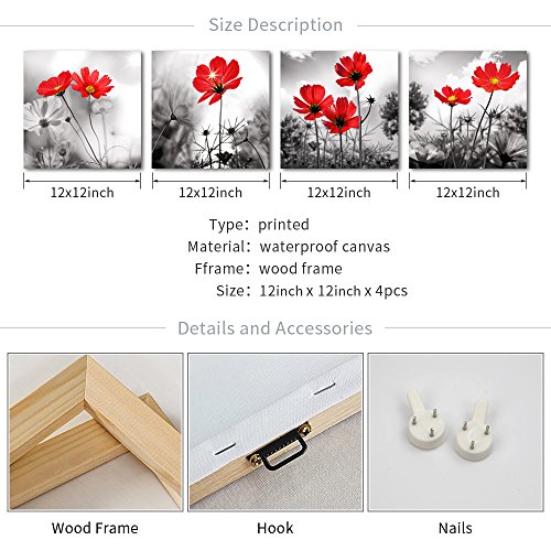 Hyidecorart 4Pcs Modern Salon Theme Black And White Plant The Red Flower Flower Abstract Painting Still Life Canvas Wall Art For Home Decor Flower Canvas Print Wall Art Painting For Living Room Decor #TOP6