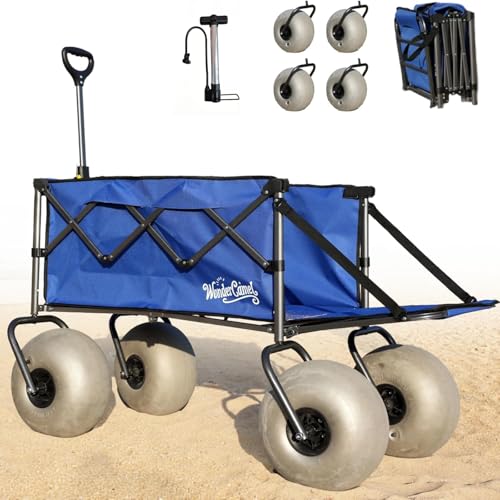WONDERCAMEL Beach Wagon with 13' Balloon Wheels for Sand - Extended Tailgate for Extra Space & Easy Access - Heavy Duty Folding Beach Cart, 300LBS 185L Large Capacity, Blue