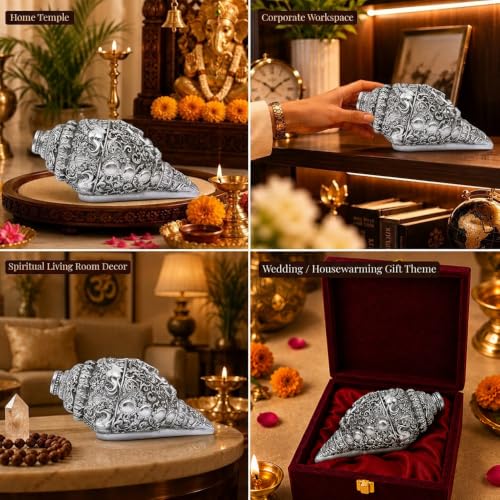 Image of DIVINITI Sacred Ganesha Shankh Idol for Home Temple Decor|999 Silver-Plated Antique Finish Decorative Conch Shell with Luxury Gift Box|Premium Vastu & Housewarming Gift (12 x 6 cm)