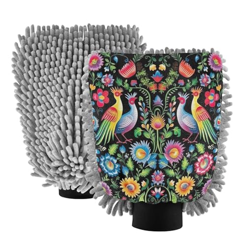 Flradish 2 Pack Bird Flower Car Wash Mitt Chenille Microfiber Lint-Free Scratch Free Ultra-Soft Absorbent Car Wash Mitt 10.2x7.09 Inch