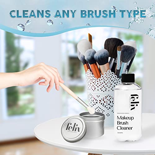 Felix Professional Makeup Brush Cleaner Solution 8Oz + Tin Kit - Deep Clean, Rinse Free, Quick Dry - Renew Your Brush Like New - Cinema Secrets Alternative #TOP2