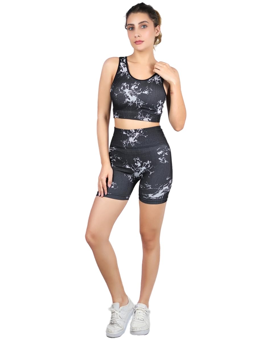 Women's Activewear Set, Black with White Marble Print, Racerback Sports Bra and High Waist Shorts, 2 Piece Gym Wear-image-32