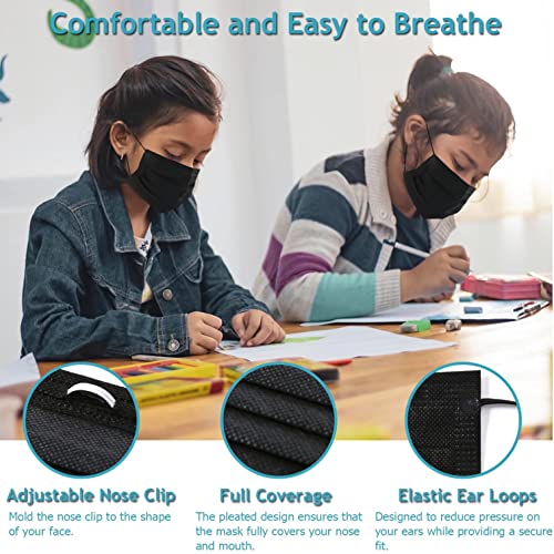 Kids Black Disposable Face Mask 100 Pcs Breathable Safety Masks For Children 3-Layer Filtration Face Cover Mask For Indoor Outdoor Daily Use #TOP2