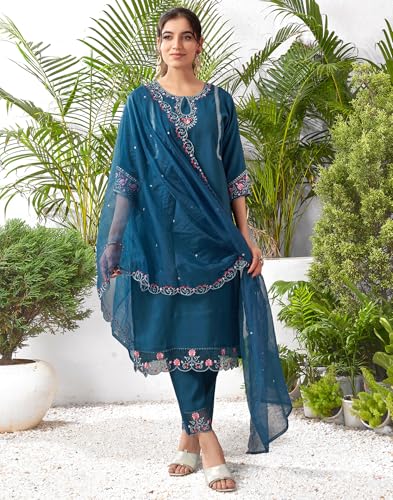 Image of SIRIL Women's Rayon Viscose Sequence Embroidery Work Straight Kurta Pant with Dupatta Set