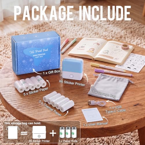 Image of cudinham Print Pods Mini Printer, Sticker Printer with 10 Rolls Thermal Printing Paper, Inkless Pocket Printpod for Phone, Impresora Portatil for Notes, DIY, Gift Set for Student, Kids, Family (Blue)