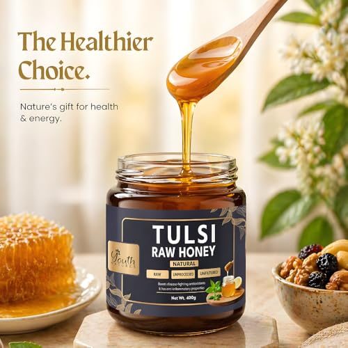 Image of Youth Natures Raw Tulsi Honey 400g | 100% Natural | Unprocessed | Unfiltered | Unheated | No Added Sugar | Rich in Antioxidants | Pure Holy Basil Honey | Glass Jar