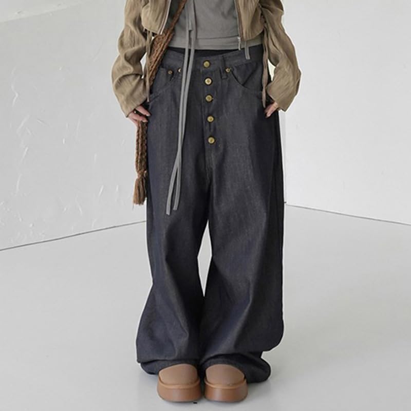 Women's Wide Leg Jeans Low Waisted Stretchy Straight-Leg Button Fly Jeans 70s Stylish Street Jeans with Pockets3