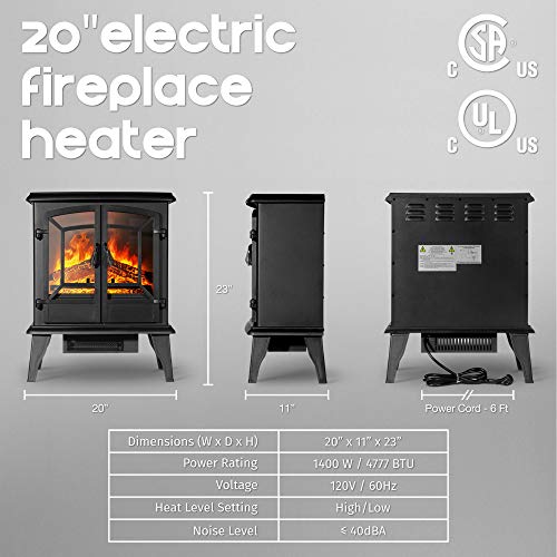 Della 19 Inch 1400W Electric Fireplace Compact Freestanding Portable Stove Heater With Realistic Wood Burning Flame Effect, For Living Room Or Bedroom - Black #TOP6
