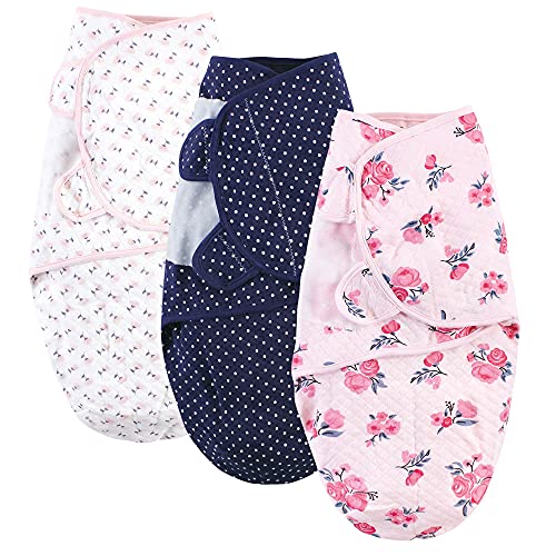 Image of Hudson Baby Unisex Baby Quilted Cotton Swaddle Wrap 3pk, Pink Navy Floral, 0-3 Months