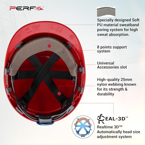 Image of PERF Safety Helmet for Construction & Outdoor Work|Easy 3D Fitting System for Any Head Size|Lightweight|8-Point Support Easy Impact Absorption Sweatband|XPrssPNV (Red)