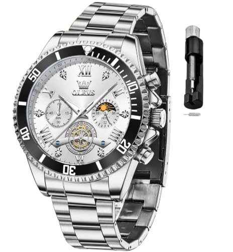 Image of OLEVS Mens Watches Chronograph Luxury Dress Moon Phase Two Tone Stainless Steel Waterproof Luminous Business Calendar Wrist Watch