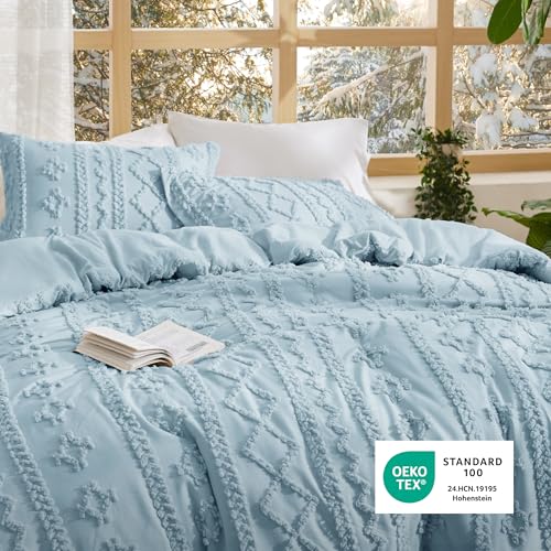 Image of Bedsure Tufted Boho Comforter Set Full Size - Sky Blue Boho Bed Set, GentleSoft 3 Pieces Farmhouse-Style Embroidery Bedding, Gifts for Woman, Soft Jacquard Kids' Full Comforter for All Seasons