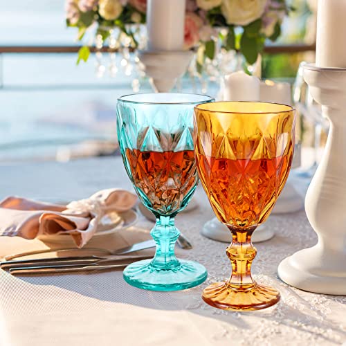 Set Of 12 Vintage Glass Goblets Bulk 10 Oz Multi Colored Stemware Wine Glasses Crystal Stemmed Drinking Glasses Cups Diamond Pattern Glassware Set For Party Wedding Bar Water Juice Beverage 6 Colors #TOP3