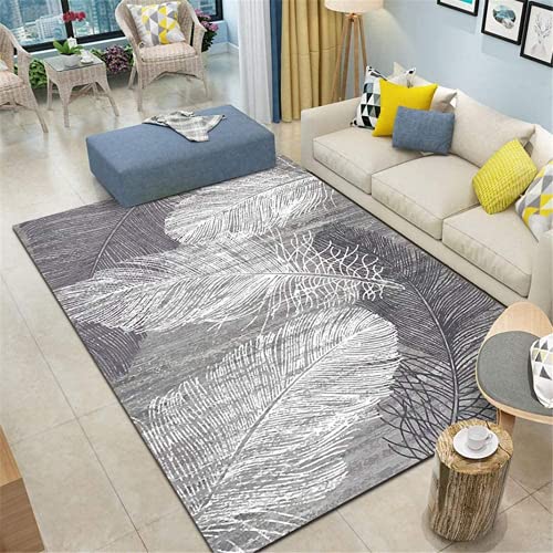 KIKCY Alfombra para niños para dormitorio, sala de estar, alfombra gris simple, gran patrón plumas, alfombra suave, antideslizante, alfombra exterior impermeable para patio, gris (100 x 160 cm)