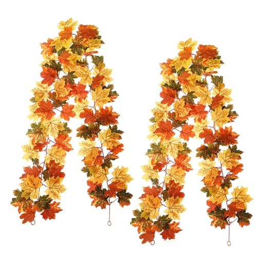 2 Pack 5.7FT Realistic Fall Leaf Garland for Thanksgiving Halloween Decor (Orange) - image 1
