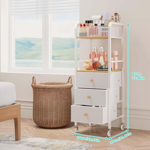 HapiRm Kosmetik Rollwagen Schminktisch Organizer - Boden-Hautpflege Rollwagen Kosmetikstudio mit 3 Schubladen, Kosmetikwagen mit Rollen Kosmetikvitrinen, Halter für Hautpflege, Parfüm, Nagellackbürste
