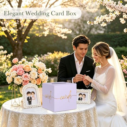 Image of Light Purple Card Box with Gold Foil Design, Paperboard 8.7 inch Gift Card Holder for Wedding Graduation Birthday Party Reception Retirement Anniversary Bridal & Baby Shower
