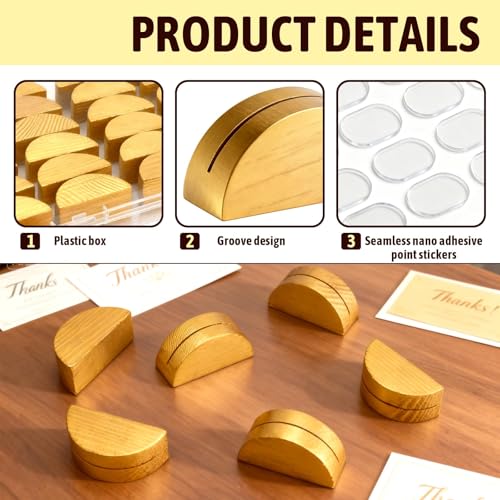 Image of 24Pcs Gold Wood Table Number Stands 1.57 In Wood Place Card Holders | Include Traceless Adhesive Stickers, Semicircular Design Place Card Holders for Wedding, Ceremony, Bi
