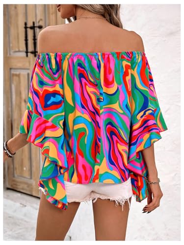 GORGLITTER Women's Off The Shoulder Tops Boho Asymmetrical 3/4 Sleeve Ruffle Colorful Blouses Shirt Tops Dressy Casual2