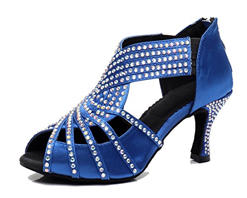 MGM-Joymod Damen Peep Toe Sparkle Strass Tango Ballsaal Latin Modern Tanzschuhe Abend Hochzeit Sandalen, Blau - Reißverschluss blau 7 cm Absatz - Größe: 38.5 EU Cover
