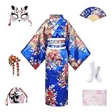 YOOCHUENG 8 Piezas Kimono Mujer Vestido Japones Albornoz de Satén Anime Cosplay Disfraz con Cinturón Máscara Horquilla Abanico Bolsos Calcetines Tabi, Caja de Regalo Incluida
