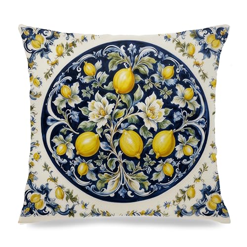 Image of Italian Amalfi Coast Lemon Pillow Cover 18x18 Double-Sided, Blue and White Mediterranean Citrus Fruit Decorative Throw Pillow Cover for Home Living Room Bedroom