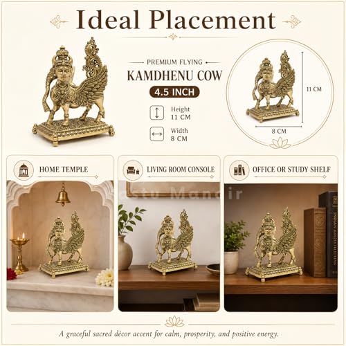 Image of Brass Flying Kamdhenu Cow Idol, Vastu Remedy for Prosperity (9 cm, 125 g)